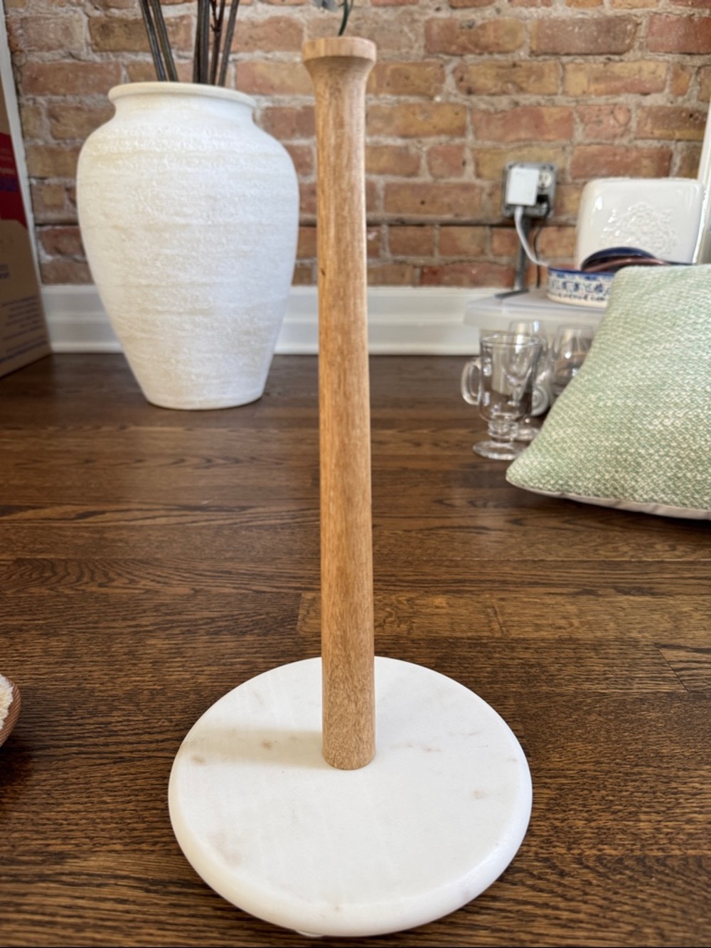 Crate and Barrel Marble Base Wood Paper Towel Holder - White and Natural